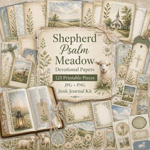 Op de afbeelding: Een verzameling printbaar junk journal papier genaamd Shepherd Psalm Meadow Devotional Papers, bestaande uit 125 stuks met afbeeldingen van lammetjes, een kerk, weilanden, bloemmotieven, gelinieerd briefpapier, labels en een open boek met lantaarn.