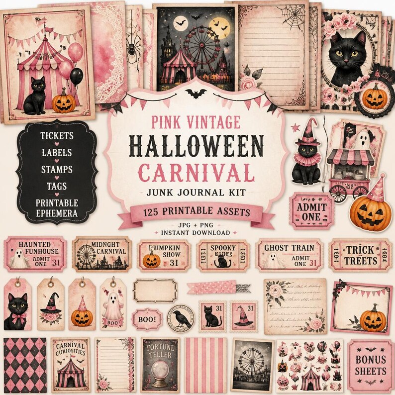 K&ouml;nnte beinhalten: Eine Sammlung von druckbaren Ephemera im Vintage-Stil zum Thema Halloween-Karneval in Rosa. Enth&auml;lt Tickets, Etiketten, Stempel, Tags und Bonusbl&auml;tter. Enth&auml;lt Illustrationen von schwarzen Katzen, K&uuml;rbissen, einem Riesenrad und Karnevalszelten. Der Text lautet "Pink Vintage Halloween Carnival Junk Journal Kit".