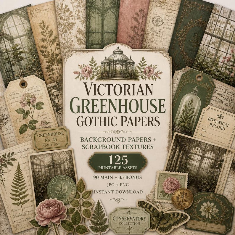 May include: A collection of digital scrapbooking papers and ephemera featuring Victorian greenhouse themes, botanical illustrations, vintage script, and floral motifs in muted green, cream, and brown tones with the text Victorian Greenhouse Gothic Papers.
