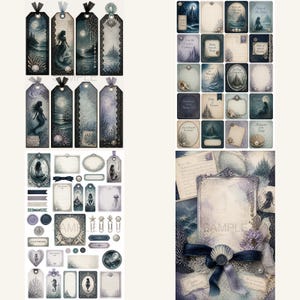 May include: A collection of stationery items featuring mermaid and ocean themes in shades of blue, purple, and cream. The set includes rectangular bookmarks, journaling cards, labels, paper clips, and decorative tags with intricate shell and sea motifs.