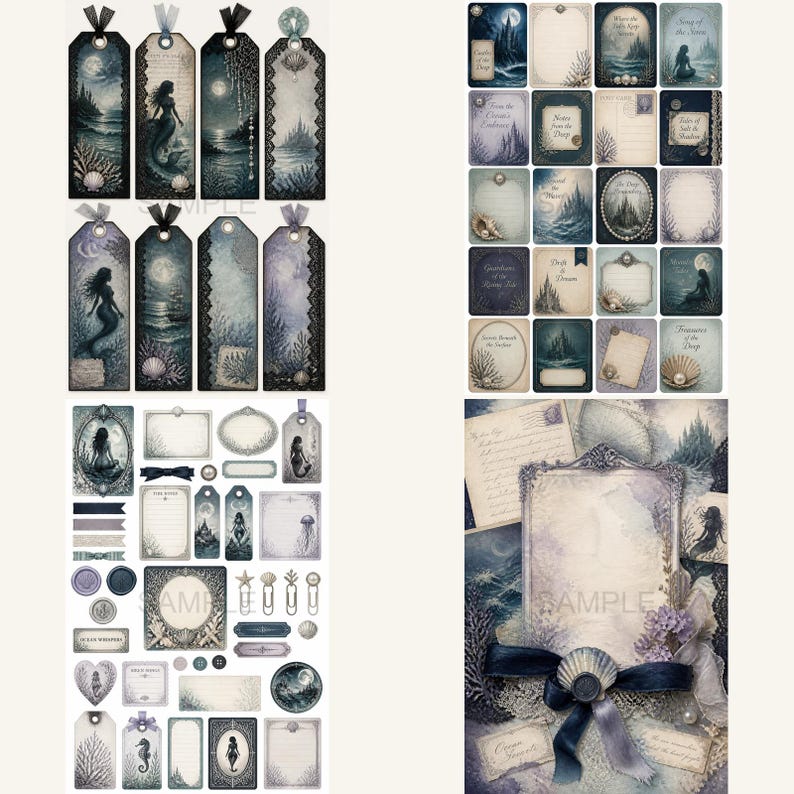 May include: A collection of stationery items featuring mermaid and ocean themes in shades of blue, purple, and cream. The set includes rectangular bookmarks, journaling cards, labels, paper clips, and decorative tags with intricate shell and sea motifs.