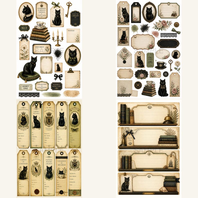 May include: A collection of vintage-style paper ephemera featuring black cat illustrations, stacks of books, ornate frames, floral accents, keys, and labels. The set includes various tags, rectangular cards, and shelf-themed stationery designs.