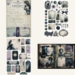 May include: A collection of vintage-style paper ephemera featuring mermaid illustrations, seashells, coral, and nautical motifs. The set includes a receipt, postcards, tags, and decorative labels in muted blue, grey, and cream tones with ornate borders.