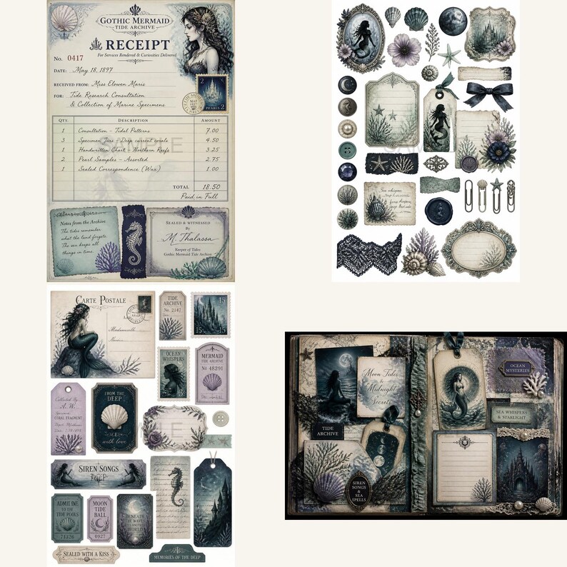 May include: A collection of vintage-style paper ephemera featuring mermaid illustrations, seashells, coral, and nautical motifs. The set includes a receipt, postcards, tags, and decorative labels in muted blue, grey, and cream tones with ornate borders.