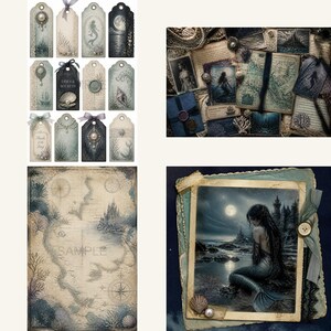 May include: A collection of decorative paper tags and rectangular prints featuring nautical and fantasy themes. The designs include mermaids, full moons, castles, seashells, pearls, and vintage-style maps in shades of blue, cream, and dark grey.