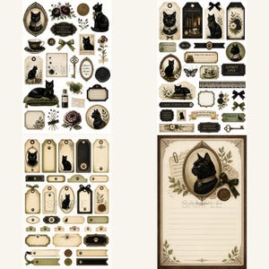 May include: A collection of decorative paper stickers and stationery sheets featuring black cat illustrations, ornate frames, vintage keys, floral accents, and labels with text like Curious Things & Whiskers, Observe Collect Wonder, and A Most Curious Tale.