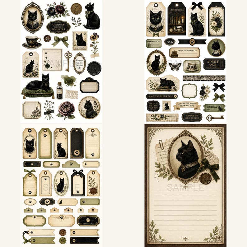 May include: A collection of decorative paper stickers and stationery sheets featuring black cat illustrations, ornate frames, vintage keys, floral accents, and labels with text like Curious Things & Whiskers, Observe Collect Wonder, and A Most Curious Tale.
