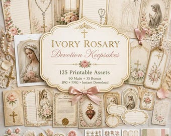 Rosary Junk Journal Kit, Catholic Journal Kit with Rosary Ephemera and Ivory Devotional Papers