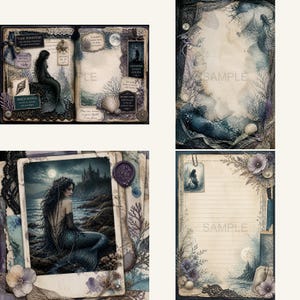 May include: A collection of scrapbook pages featuring mermaid illustrations, ocean-themed ephemera, seashells, lace trim, and vintage-style paper. The designs include text elements like Tide Whispers, Siren Songs, and Daughter of Salt and Sea.