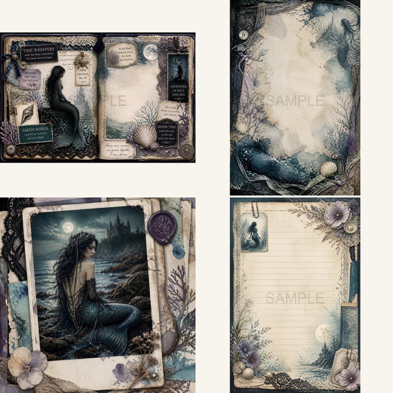 May include: A collection of scrapbook pages featuring mermaid illustrations, ocean-themed ephemera, seashells, lace trim, and vintage-style paper. The designs include text elements like Tide Whispers, Siren Songs, and Daughter of Salt and Sea.