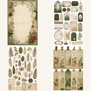 May include: A collection of botanical-themed stationery featuring lined paper, various die-cut tags, labels, and stickers. The designs include illustrations of ferns, roses, greenhouses, and vintage-style text in muted green, brown, and cream tones.