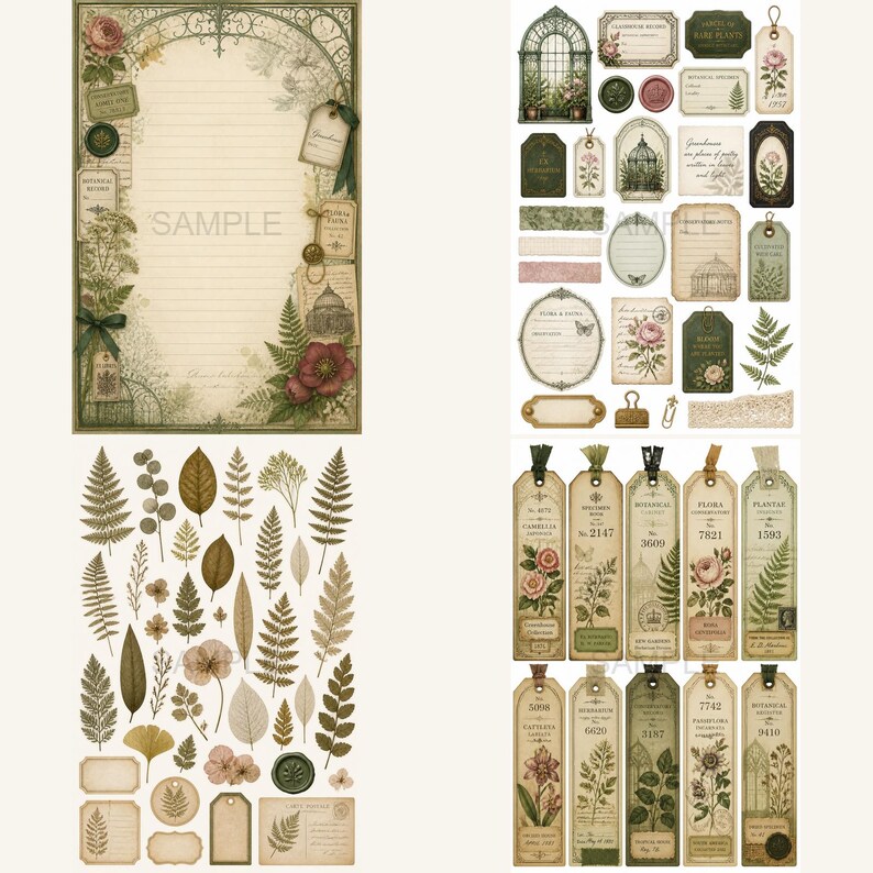 May include: A collection of botanical-themed stationery featuring lined paper, various die-cut tags, labels, and stickers. The designs include illustrations of ferns, roses, greenhouses, and vintage-style text in muted green, brown, and cream tones.