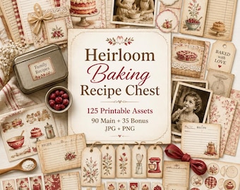 Recipe junk journal, Kit, recipe ephemera, cookbook printable, Heirloom Baking Recipe Chest