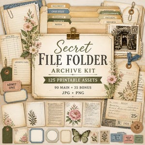 May include: A collection of vintage-style paper ephemera including file folders with labels like Documents and Evidence, archive cards, receipts, tags, and floral illustrations. The central card features the text Secret FILE FOLDER ARCHIVE KIT.