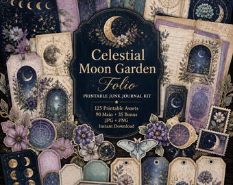 May include: A digital junk journal kit titled Celestial Moon Garden Folio featuring 125 printable assets including tags, labels, and papers with celestial, floral, and moon phase illustrations in shades of deep blue, purple, and cream.