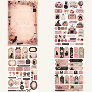K&ouml;nnte beinhalten: Eine Sammlung von Halloween-Themen-Scrapbook-Aufklebern und Papier. Die Aufkleber zeigen K&uuml;rbisse, schwarze Katzen, Geister und Texte wie "Halloween Carnival" und "Trick or Treat". Die Farbpalette umfasst Rosa, Schwarz und Creme.