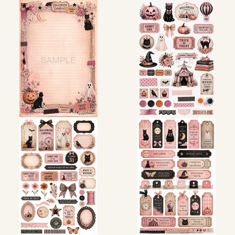 K&ouml;nnte beinhalten: Eine Sammlung von Halloween-Themen-Scrapbook-Aufklebern und Papier. Die Aufkleber zeigen K&uuml;rbisse, schwarze Katzen, Geister und Texte wie "Halloween Carnival" und "Trick or Treat". Die Farbpalette umfasst Rosa, Schwarz und Creme.