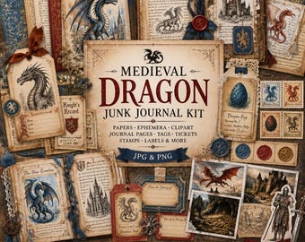 Mittelalterlicher Drache Junk Journal Kit, Fantasy Handschrift Papiere, Burg Ephemera, druckbare Collage Seiten