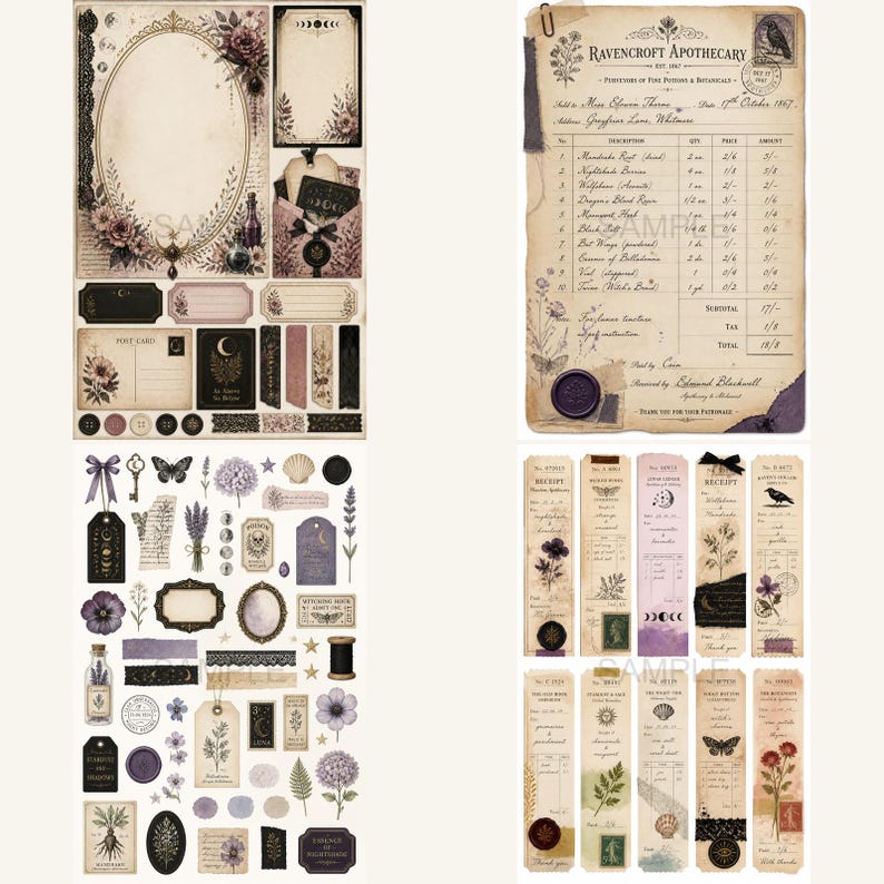 May include: A collection of vintage-style paper ephemera, including decorative labels, tags, and receipts. The color palette features muted tones of beige, purple, and black, with floral and celestial motifs. The text "RAVENCROFT APOTHECARY" is visible on one of the receipts.