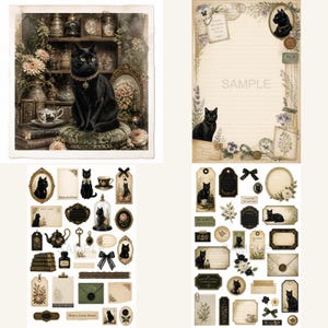 May include: A collection of stationery items featuring black cat illustrations, floral motifs, and vintage-style frames. The set includes lined writing paper, decorative tags, labels, envelopes, and stickers with ornate borders and botanical accents.
