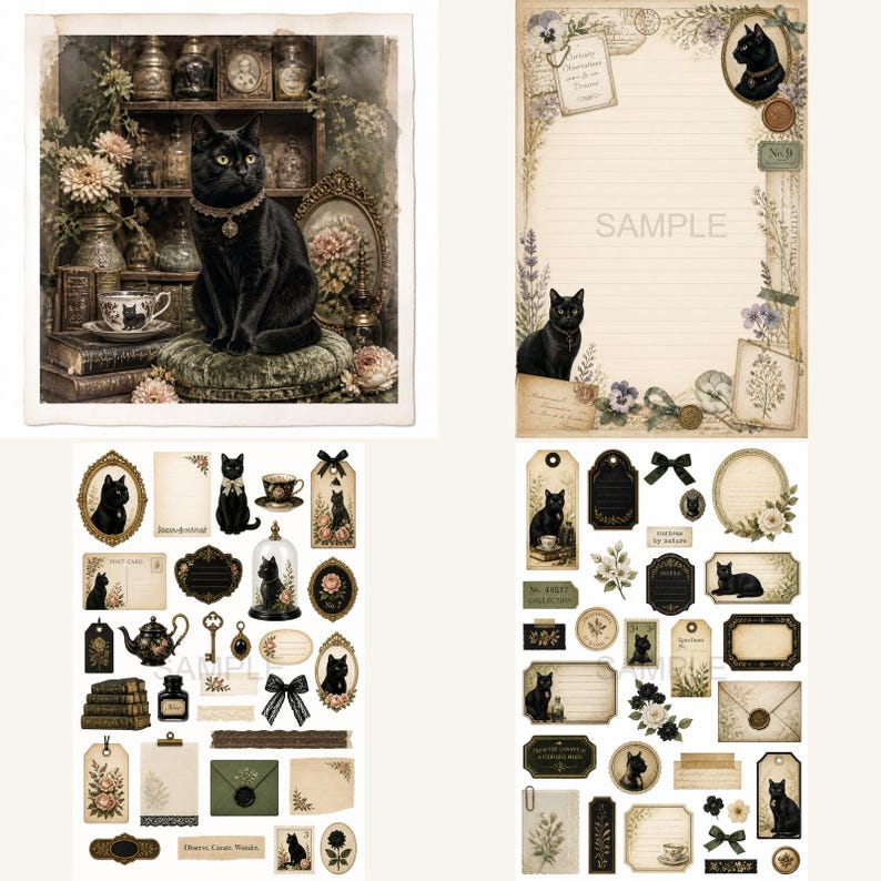 May include: A collection of stationery items featuring black cat illustrations, floral motifs, and vintage-style frames. The set includes lined writing paper, decorative tags, labels, envelopes, and stickers with ornate borders and botanical accents.