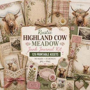 Peut inclure: Un ensemble d'éléments imprimables pour un kit de journal de rebut. Le kit comprend des étiquettes, des pages de journal et des éléments décoratifs sur le thème rustique de la vache des Highlands et de la prairie. Le texte de l'image indique "Rustic Highland Cow Meadow Junk Journal Kit 125 Printable Assets".