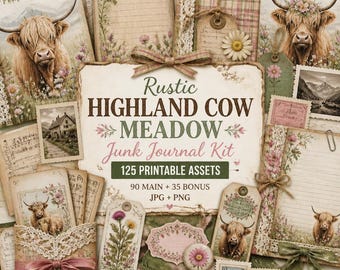 Kit per junk journal con mucca delle Highlands, mucca delle Highlands png, clipart di mucca delle Highlands, Kit per junk journal rustico con mucca delle Highlands e prato