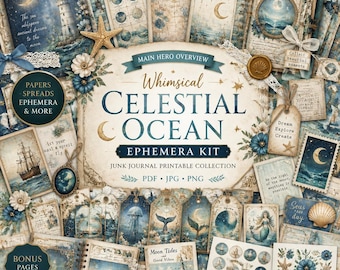 Zestaw do dziennika „Niebiański oceaniczny śmietnik”, zabytkowe marynistyczne pamiątki, papier do scrapbookingu do druku
