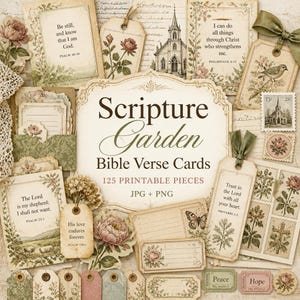 Può includere: Una collezione di biglietti di versetti biblici in stile vintage con illustrazioni floreali e botaniche. Le carte presentano varie scritture, etichette ed elementi decorativi, con il testo "Scripture Garden" e "Bible Verse Cards".
