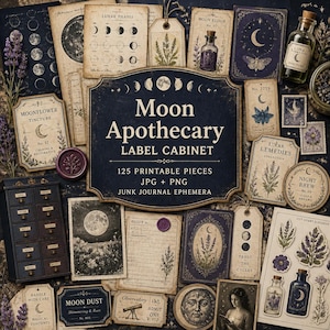 May include: A collection of 125 printable junk journal ephemera pieces featuring a Moon Apothecary label cabinet theme. The set includes vintage-style tags, labels, and cards with moon phases, botanical illustrations, and apothecary bottle graphics.
