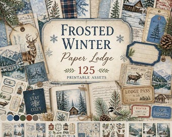 Winter ephemera, Kit, winter junk journal, winter printable, Frosted Winter Paper Lodge