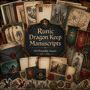 Dragon junk journal, Kit, dragon ephemera, medieval journal kit, Runic Dragon Keep Manuscripts