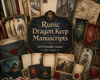 Dragon junk journal, Kit, dragon ephemera, medieval journal kit, Runic Dragon Keep Manuscripts