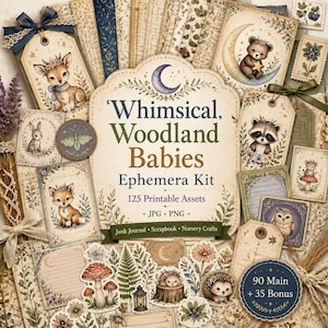 Könnte beinhalten: Eine Sammlung von Ephemera im Vintage-Stil mit Waldtierbabys. Das Set enthält Etiketten, Karten und dekorative Elemente mit Illustrationen eines Hirsches, Fuchses, Bären, Waschbären und anderer Waldtiere. Der Text lautet "Whimsical Woodland Babies Ephemera Kit".