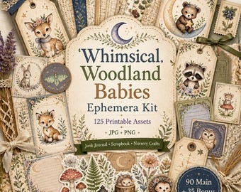 woodland animals, Junk Journal Kit, baby animals, valentine animals, Whimsical Woodland Babies Ephemera Kit