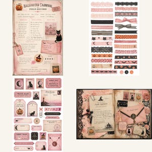 K&ouml;nnte beinhalten: Eine Sammlung von Halloween-Scrapbook-Elementen in Rosa, Schwarz und Orange. Enth&auml;lt dekoratives Papier, B&auml;nder, Etiketten und Journalseiten mit Illustrationen von K&uuml;rbissen, Katzen und Vintage-Text. Die Worte "Halloween Carnival" sind sichtbar.