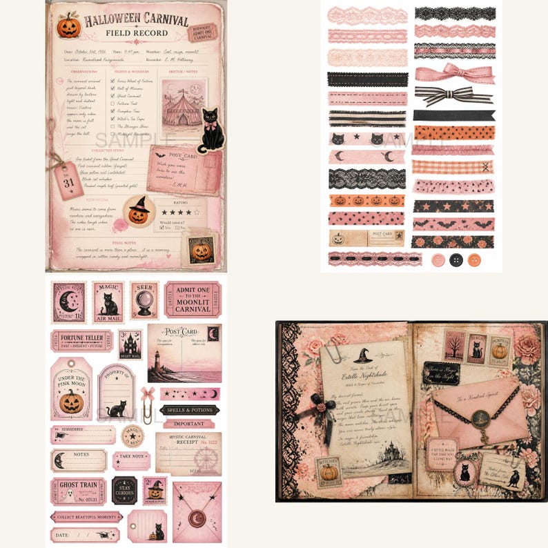 K&ouml;nnte beinhalten: Eine Sammlung von Halloween-Scrapbook-Elementen in Rosa, Schwarz und Orange. Enth&auml;lt dekoratives Papier, B&auml;nder, Etiketten und Journalseiten mit Illustrationen von K&uuml;rbissen, Katzen und Vintage-Text. Die Worte "Halloween Carnival" sind sichtbar.
