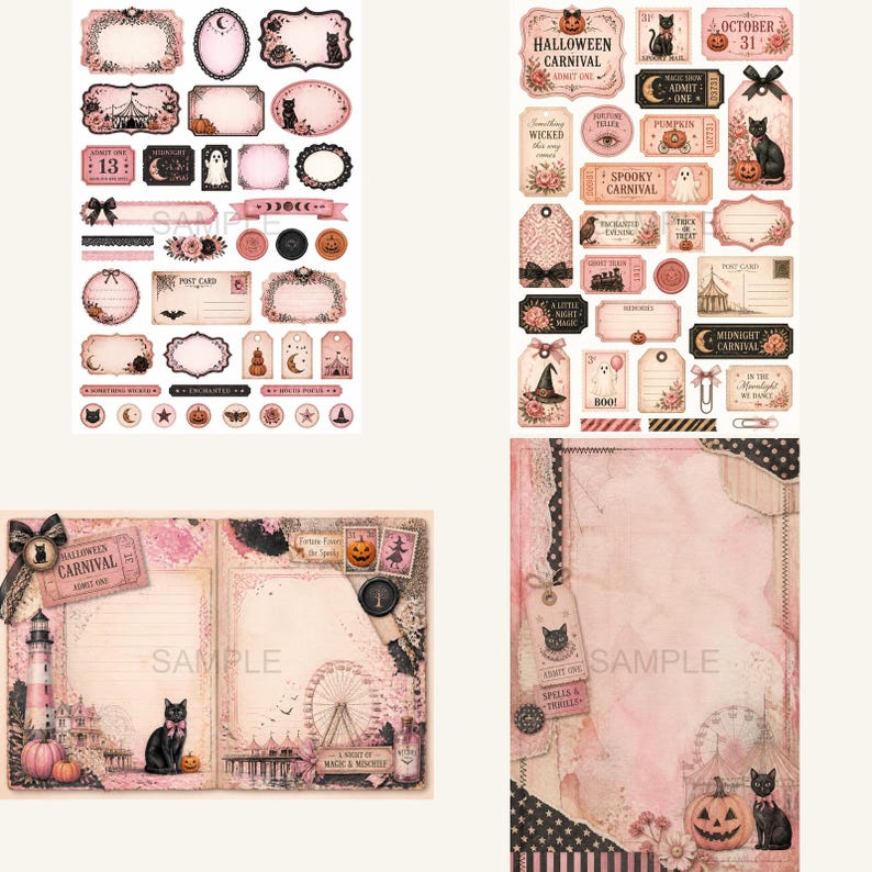 K&ouml;nnte beinhalten: Eine Sammlung von rosa und schwarzen Halloween-Scrapbook-Papier und Aufklebern. Die Aufkleber umfassen Etiketten, Tags und dekorative Elemente mit K&uuml;rbissen, schwarzen Katzen und dem Text "Halloween Carnival". Das Scrapbook-Papier hat eine Vintage-&Auml;sthetik.