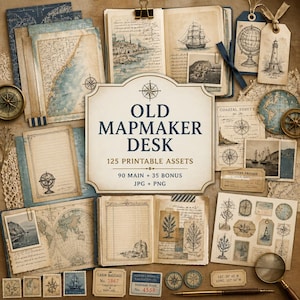 May include: A collection of printable assets titled Old Mapmaker Desk featuring vintage-style maps, nautical illustrations, handwritten notes, compasses, and luggage tags in shades of beige, blue, and brown, including a magnifying glass and pen.