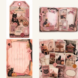 K&ouml;nnte beinhalten: Eine Sammlung von Halloween-Themen-Scrapbook-Elementen in Rosa und Schwarz. Enth&auml;lt ein Etikett mit einer schwarzen Katze, einem K&uuml;rbis und dem Text "Halloween Carnival". Enth&auml;lt auch ein Journal, Postkarten und Verzierungen mit &auml;hnlichen Motiven.