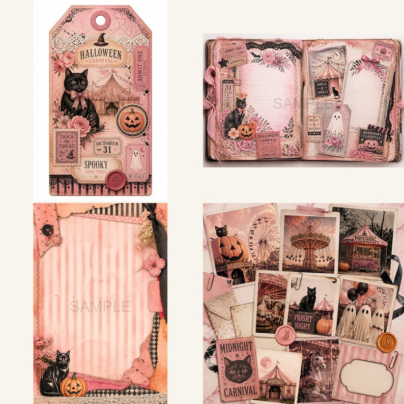 K&ouml;nnte beinhalten: Eine Sammlung von Halloween-Themen-Scrapbook-Elementen in Rosa und Schwarz. Enth&auml;lt ein Etikett mit einer schwarzen Katze, einem K&uuml;rbis und dem Text "Halloween Carnival". Enth&auml;lt auch ein Journal, Postkarten und Verzierungen mit &auml;hnlichen Motiven.