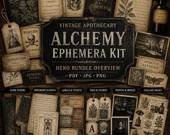 Vintage Apothecary Labels Junk Journal Kit, Dark Alchemy Ephemera, Gothic Pharmacy Printable Papers