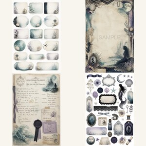 May include: A collection of digital scrapbooking elements featuring mermaid and ocean-themed illustrations. The set includes various labels, frames, decorative borders, and full-page designs with muted blue, purple, and cream tones, showcasing shells, coral, and silhouettes.