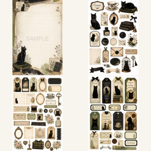 May include: A collection of stationery items featuring black cat illustrations, vintage-style frames, floral accents, and antique ephemera. The set includes lined writing paper, various tags, labels, and decorative stickers in muted earth tones.