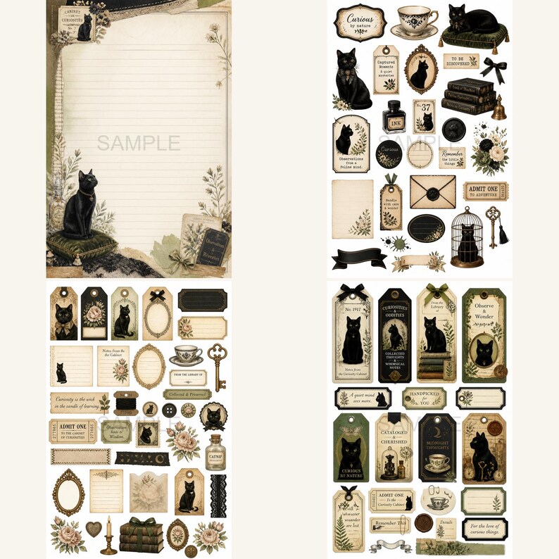 May include: A collection of stationery items featuring black cat illustrations, vintage-style frames, floral accents, and antique ephemera. The set includes lined writing paper, various tags, labels, and decorative stickers in muted earth tones.