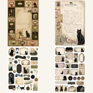 May include: A collection of vintage-style paper ephemera featuring black cat illustrations, floral motifs, antique keys, and handwritten script. The set includes various labels, tags, and decorative sheets with aged parchment textures and ornate frames.