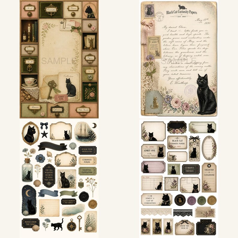 May include: A collection of vintage-style paper ephemera featuring black cat illustrations, floral motifs, antique keys, and handwritten script. The set includes various labels, tags, and decorative sheets with aged parchment textures and ornate frames.