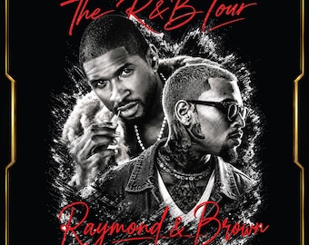 May include: A black and white graphic poster titled The R&B Tour featuring portraits of two men, one wearing a chain and the other wearing glasses and a denim jacket. The text Gold Standard Studio 205 and Raymond & Brown appear in red script.