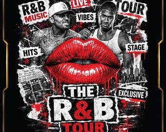 May include: A graphic poster titled Gold Standard Studio 205 featuring two men, one in a white cap and one in a white tank top, surrounding a large pair of red lips. Text includes R&B MUSIC, LIVE VIBES, TOUR, HITS, STAGE, EXCLUSIVE, and THE R&B TOUR.