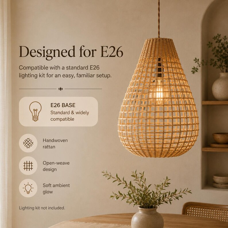 K&ouml;nnte beinhalten: Eine tropfenf&ouml;rmige Pendelleuchte aus handgeflochtenem, hellbraunem Rattan mit offenem Flechtmuster. Der Text lautet: Designed for E26, Compatible with a standard E26 lighting kit for an easy, familiar setup, E26 BASE, Handwoven rattan, Open-weave design, Soft ambient glow, Lighting kit not included.